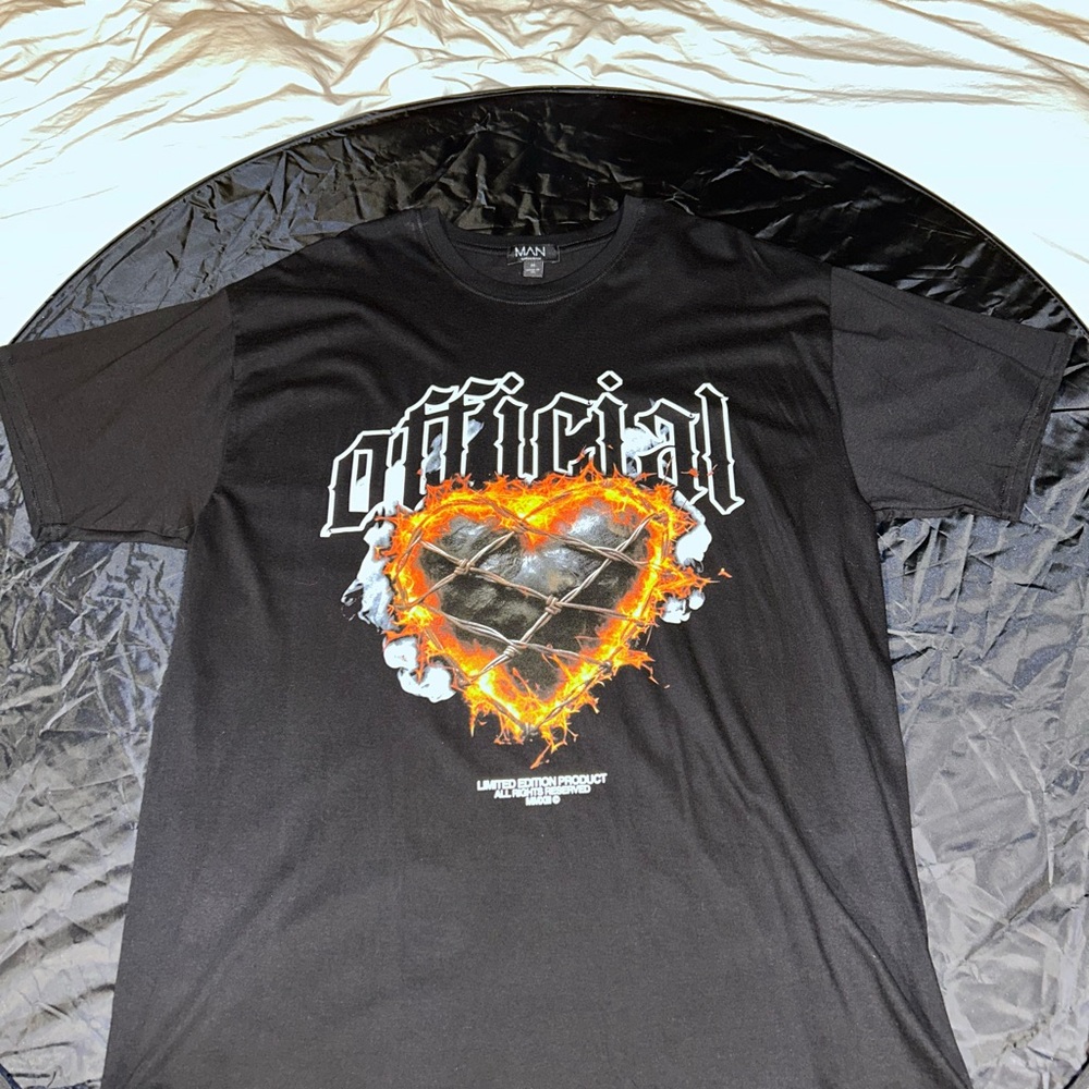 Boohoo Black Tee with Fiery Heart Graphic